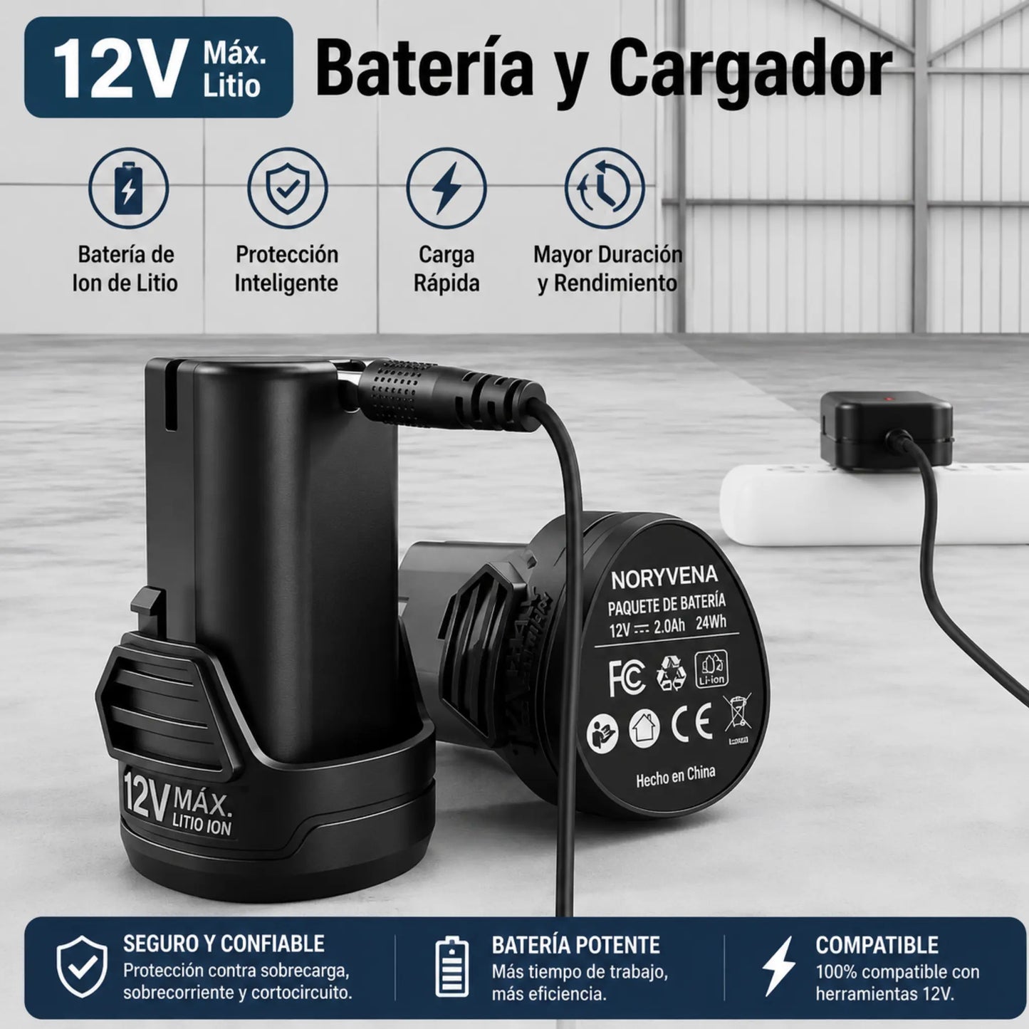 Noryvena™ R22 Llave de Ratchet Eléctrica 12V para Reparación Automotriz – Incluye Batería y cargador