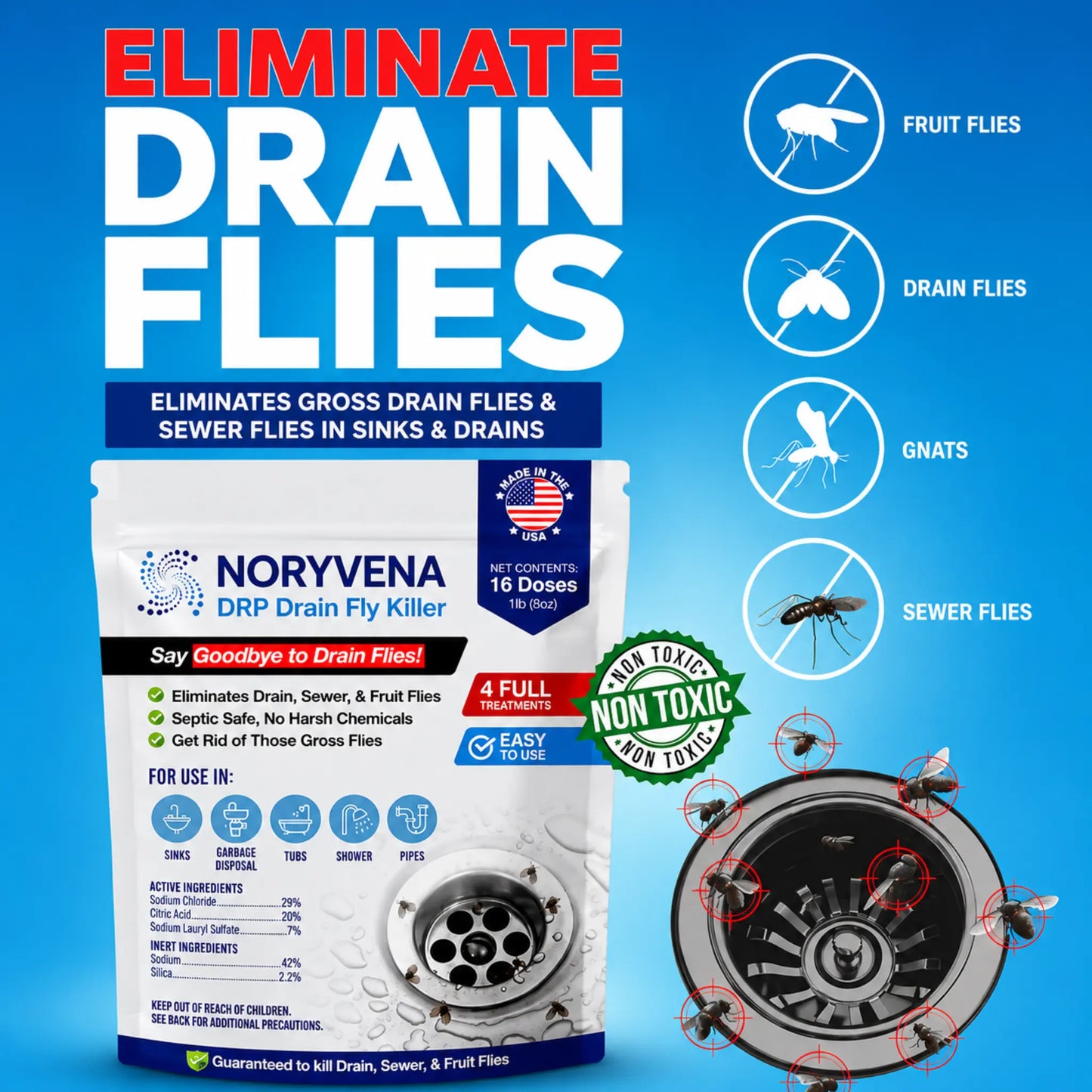 Drain Fly Killer Powder – Eliminates Drain Flies & Sewer Flies in Drains, Sinks, Showers – Fast-Acting Treatment - Septic Safe & Made in USA