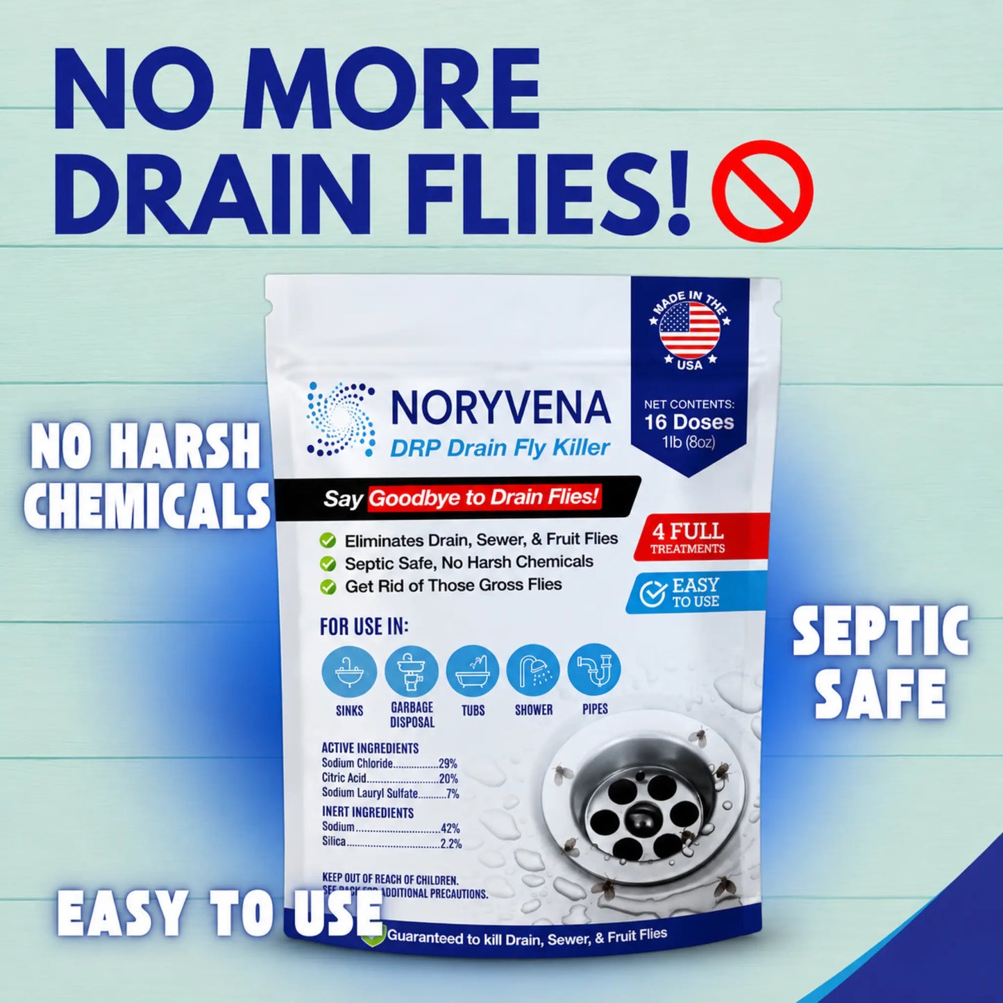 Drain Fly Killer Powder – Eliminates Drain Flies & Sewer Flies in Drains, Sinks, Showers – Fast-Acting Treatment - Septic Safe & Made in USA