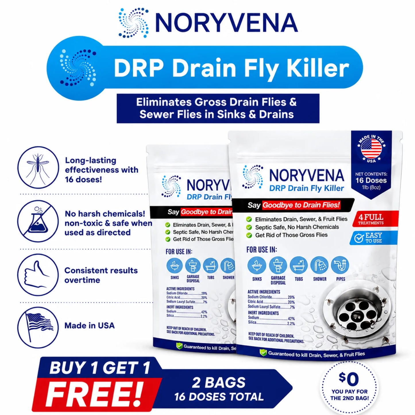 Drain Fly Killer Powder – Eliminates Drain Flies & Sewer Flies in Drains, Sinks, Showers – Fast-Acting Treatment - Septic Safe & Made in USA