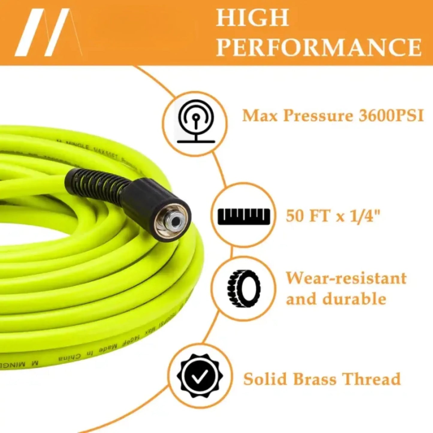 Pressure Washer Hose 50 FT x 1/4", Power Washer Hose Kink Resistant, Universal High-Pressure Washing NORYVENA FGI29 Extension Hoses Replacement, Compatible with M22 Stainless Steel Fittings, 3600 PSI, Green