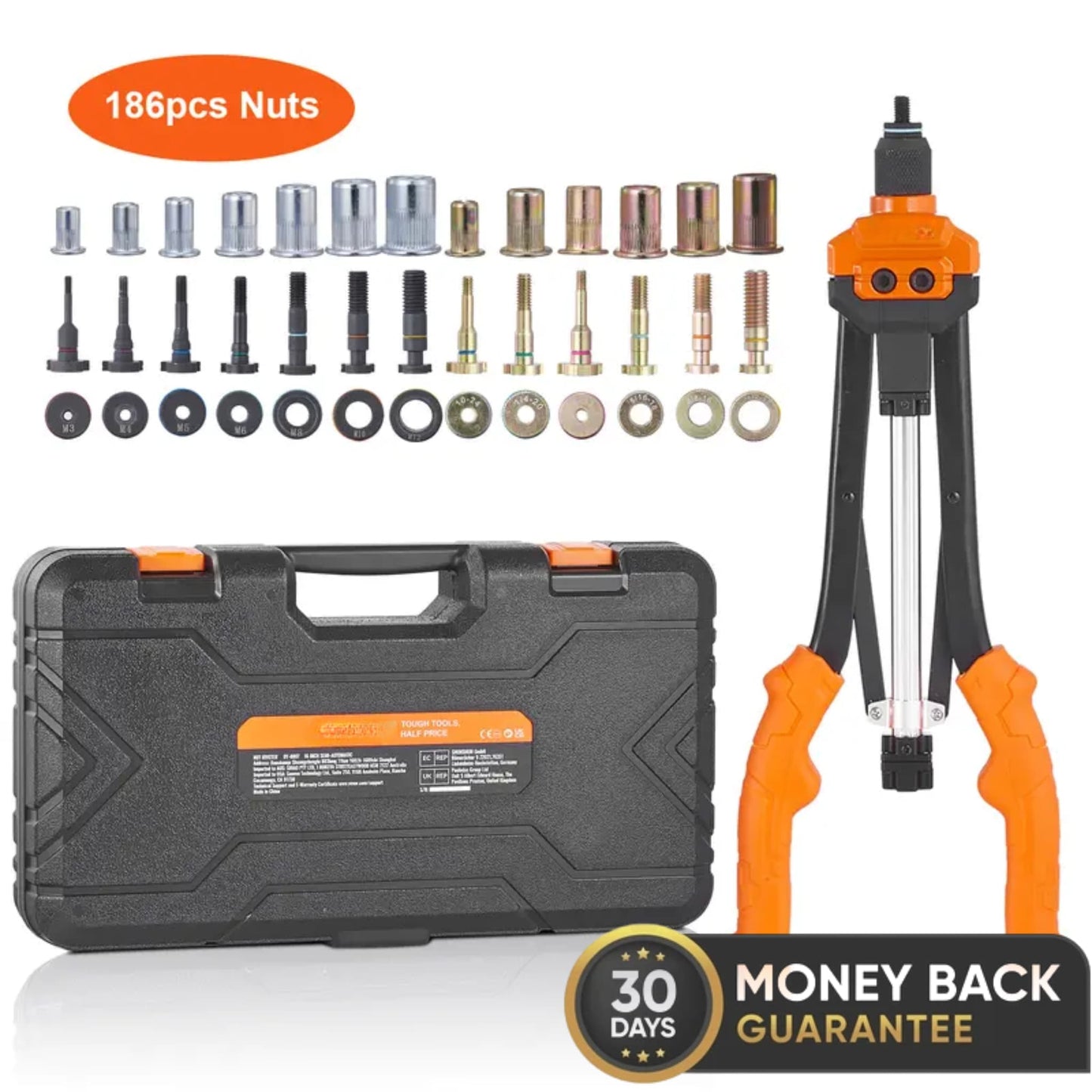 NORYVENA Manual Rivet Nut Riveter 35cm Threaded Insert Pliers with 7 Mandrels 70 Nuts 7 Sizes Riveting Tool with Portable Case for DIY Construction