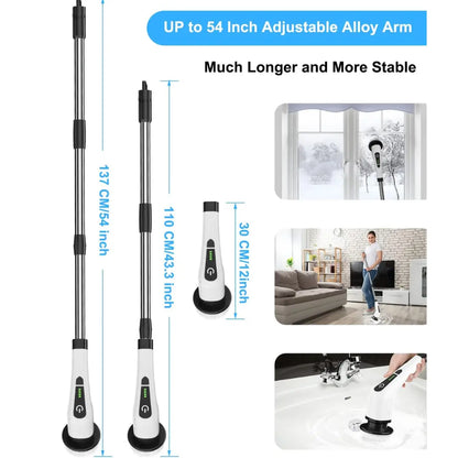 Noryvena Electric Spin Scrubber, Cordless Cleaning Brush with 8 Replaceable Brush Heads, Tub and Floor Tile Sink Mop with 54" Adjustable Handle for Bathroom Kitchen (White)