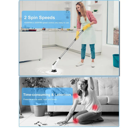 Noryvena Electric Spin Scrubber, Cordless Cleaning Brush with 8 Replaceable Brush Heads, Tub and Floor Tile Sink Mop with 54" Adjustable Handle for Bathroom Kitchen (White)