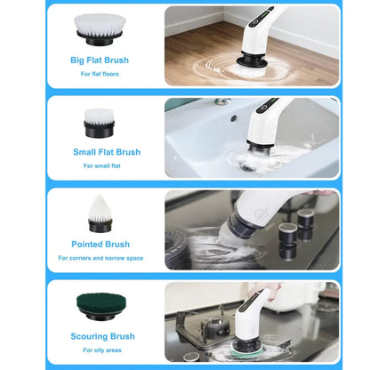 Noryvena Electric Spin Scrubber, Cordless Cleaning Brush with 8 Replaceable Brush Heads, Tub and Floor Tile Sink Mop with 54" Adjustable Handle for Bathroom Kitchen (White)
