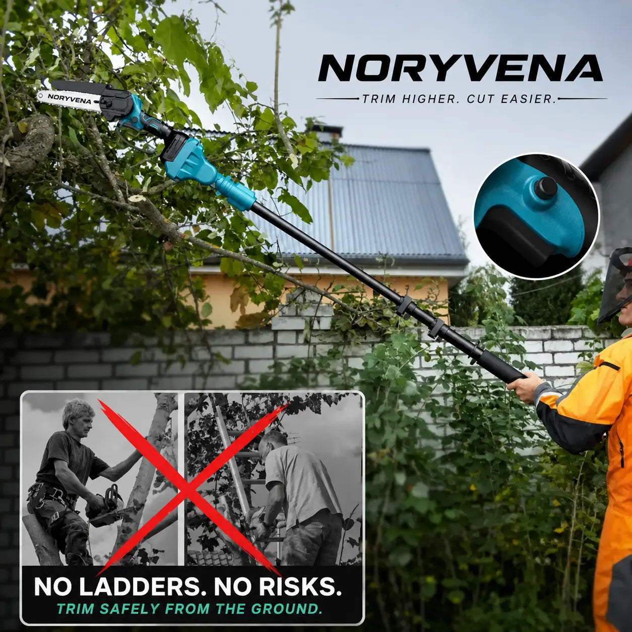 Noryvena X6 Cordless 2-in-1 Pole Saw & Mini Chainsaw – 15cm Electric Tree Trimmer with Extension Pole, Dual Battery & Fast Charger