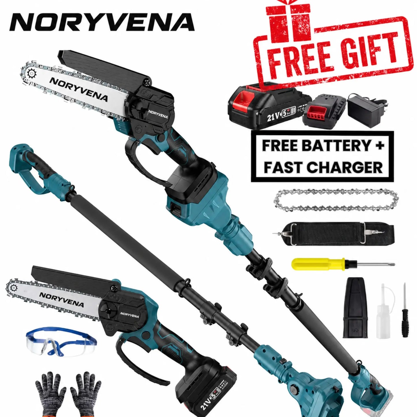 Noryvena X6 Cordless 2-in-1 Pole Saw & Mini Chainsaw – 15cm Electric Tree Trimmer with Extension Pole, Dual Battery & Fast Charger