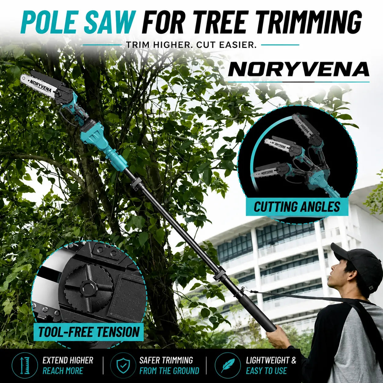 Noryvena X6 Cordless 2-in-1 Pole Saw & Mini Chainsaw – 15cm Electric Tree Trimmer with Extension Pole, Dual Battery & Fast Charger