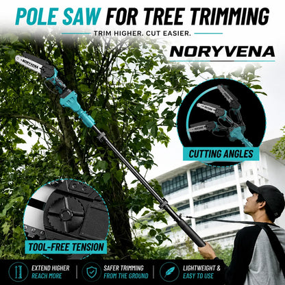 Noryvena X6 Cordless 2-in-1 Pole Saw & Mini Chainsaw – 15cm Electric Tree Trimmer with Extension Pole, Dual Battery & Fast Charger