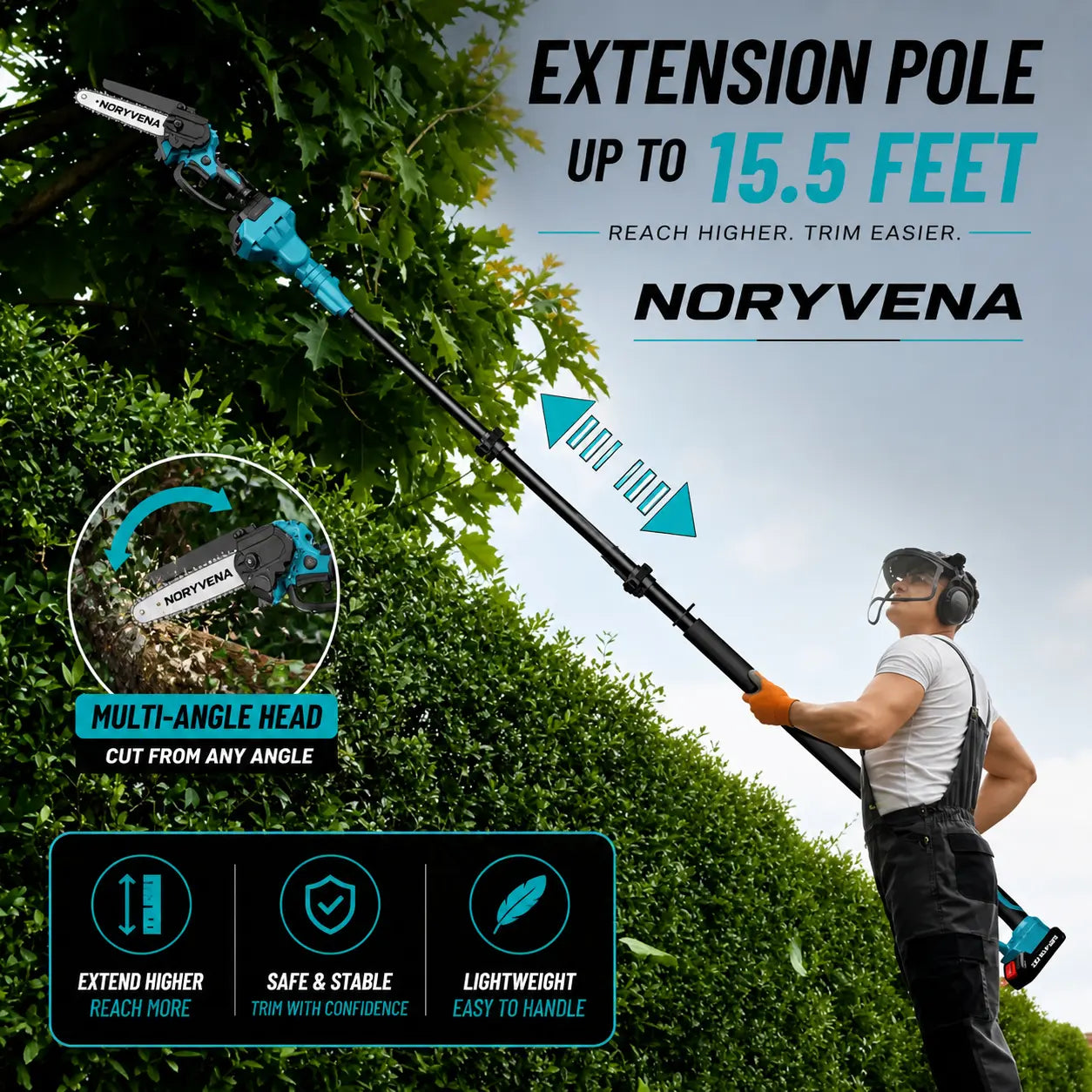Noryvena X6 Cordless 2-in-1 Pole Saw & Mini Chainsaw – 15cm Electric Tree Trimmer with Extension Pole, Dual Battery & Fast Charger
