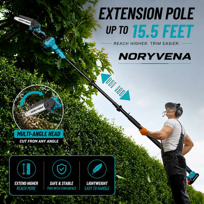 Noryvena X6 Cordless 2-in-1 Pole Saw & Mini Chainsaw – 15cm Electric Tree Trimmer with Extension Pole, Dual Battery & Fast Charger